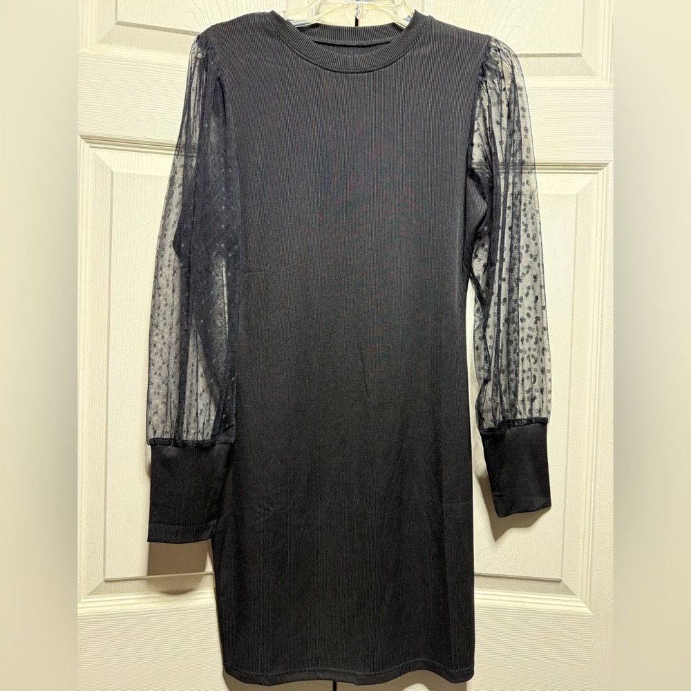 Black bodycon whimsigoth unbranded Dress with Sheer Polka Dot Sleeves Medium
